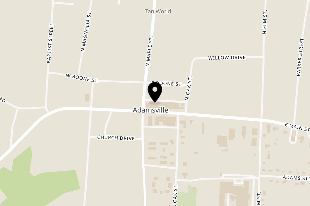 Map showing the location of Charlie's New York Style Pizza on 114 E Main St in Adamsville